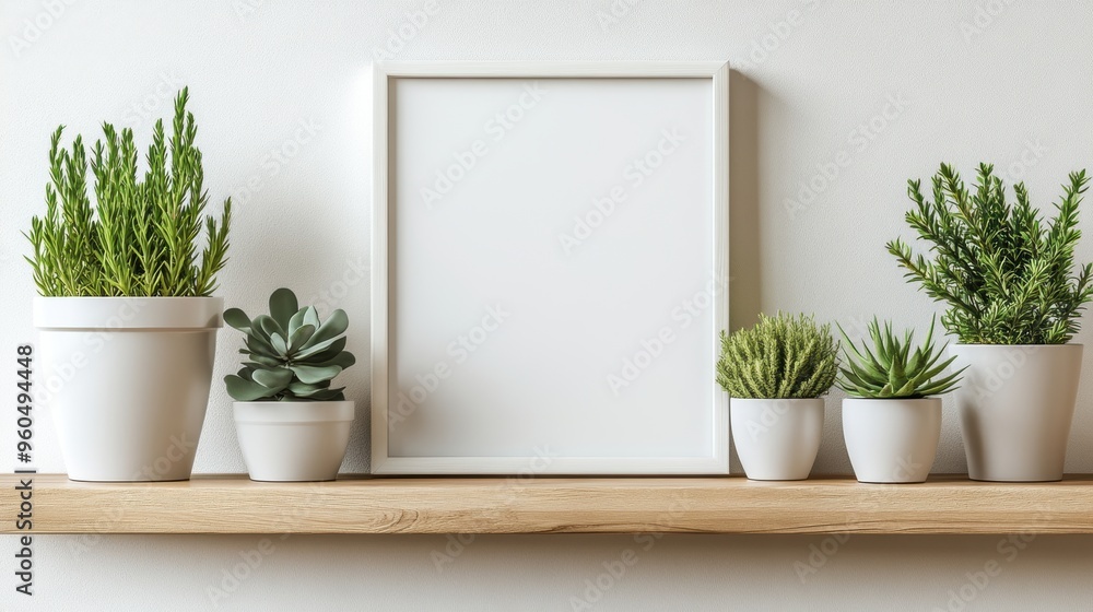 Fototapeta premium bright interior concept banner with a white canvas frame among potted plants on a wooden shelf, creating a natural ambiance
