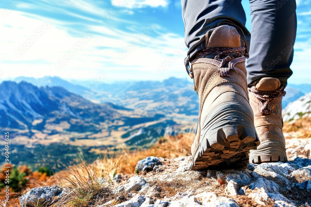 With each step, a hiker ventures across rocky ground, taking in the breathtaking vistas of distant mountains and lush valleys beyond With each step, a hiker ventures across rocky ground, taking in the breathtaking vistas of distant mountains and lush valleys beyond