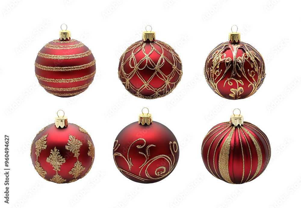 Elegant Red Christmas Ornaments with Gold Glitter Detailing isolated on transparent background Elegant Red Christmas Ornaments with Gold Glitter Detailing isolated on transparent background