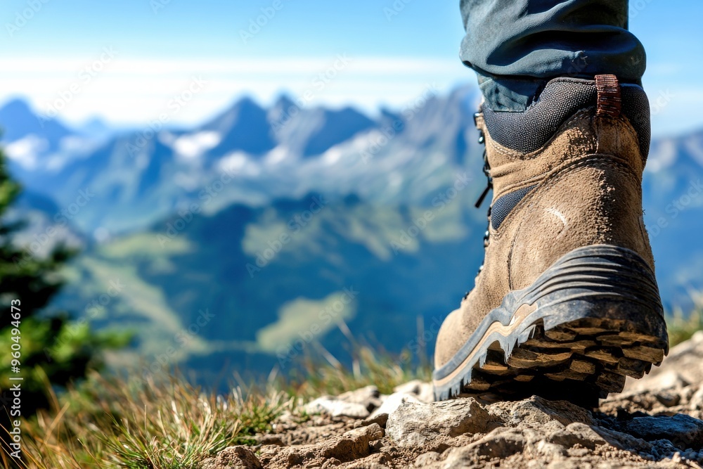 A hiker pauses to admire stunning mountain vistas, feeling the crisp air while standing on rocky ground, with a vast landscape stretching out below A hiker pauses to admire stunning mountain vistas, feeling the crisp air while standing on rocky ground, with a vast landscape stretching out below