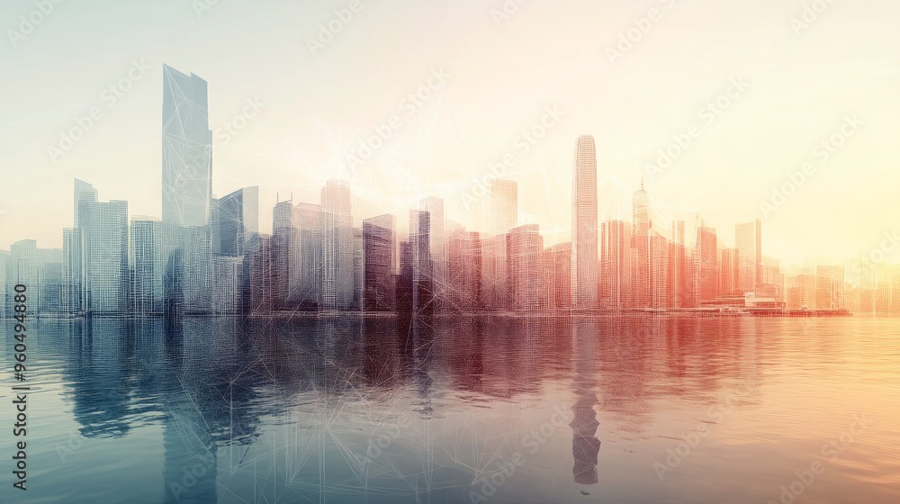 Fototapeta premium Creative polygonal mesh waterfront city skyline wallpaper. Smart city and web network concept. Double exposure