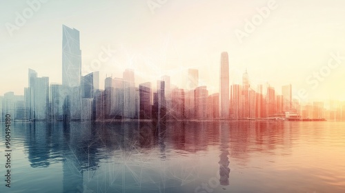 Creative polygonal mesh waterfront city skyline wallpaper. Smart city and web network concept. Double exposure