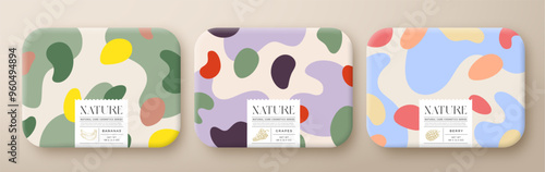 Fruit Bath Cosmetics Package Boxes Set. Vector Wrapped Paper Containers with Care Label Design. Modern Typography and Hand Drawn Berries. Abstract Camo Background Pattern Layout Isolated