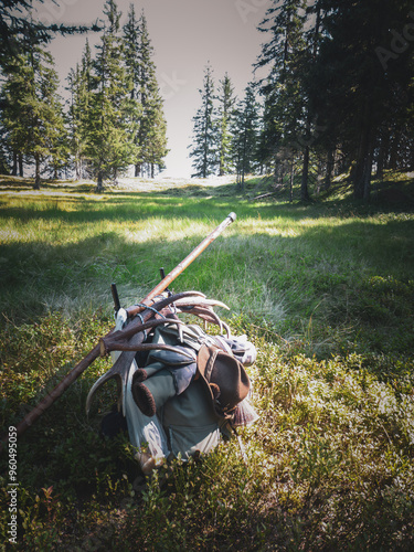 shed antlers from red deer on hunting back pack on the mountains at a autumn day