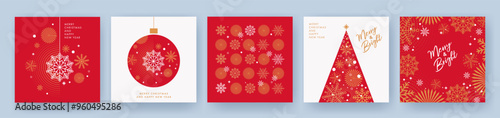 Merry Christmas and Happy New Year Set of greeting cards, posters, holiday covers. Xmas Design with beautiful snowflakes in modern line art style on red background. Christmas tree, border frame, decor