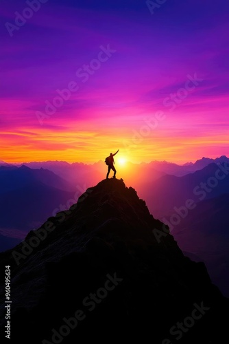 A climber celebrates on a mountain peak, silhouetted against a vibrant sunset sky with hues of purple and orange.