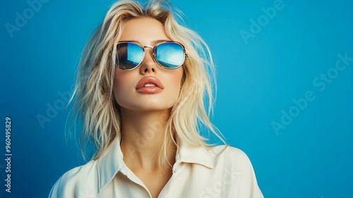 Wallpaper Mural A confident young blonde female fashion model posing with stylish clothes with luxury sunglasses against a vibrant blue studio background Torontodigital.ca