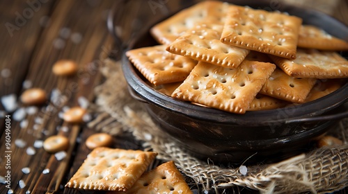 Desserts with salted crackers in an iron bowl on an oak and cotton surface photo