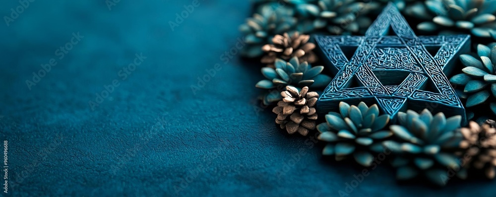 Modern abstract art showcasing the Star of David, blending blue and green hues with elements symbolizing Jewish heritage Modern abstract art showcasing the Star of David, blending blue and green hues with elements symbolizing Jewish heritage