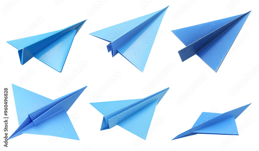 Blue paper airplanes in various positions isolated on transparent background Blue paper airplanes in various positions isolated on transparent background