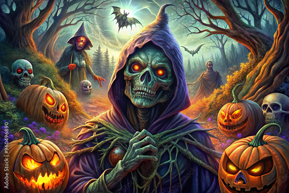 Art, Halloween, Portrait of Flying Witch with Spooky Tree and pumpkin, AI Generation Art, Halloween, Portrait of Flying Witch with Spooky Tree and pumpkin, AI Generation