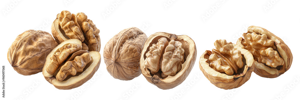 Assorted walnuts in shells and halves arranged neatly isolated on transparent background Assorted walnuts in shells and halves arranged neatly isolated on transparent background