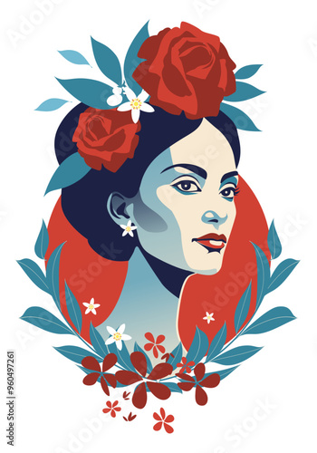 Stylized illustration of Mexican woman's head wearing floral ornaments isolated on white background. Latin Festival Poster.