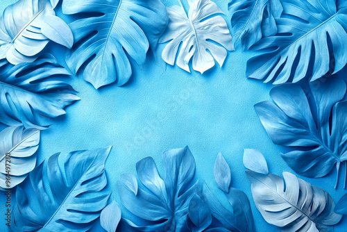 Blue tropical leaves and foliage on blue background with copy space.