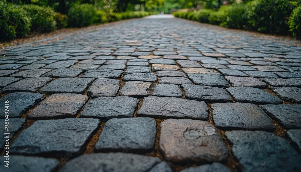 Fototapeta premium Cobblestone Pathway Leading Through a Lush Garden