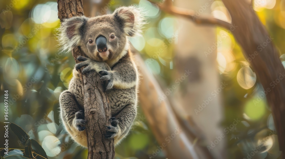 Fototapeta premium Cute Baby Koala Holding on to a Tree Branch with an Innocent and Adorable Look.