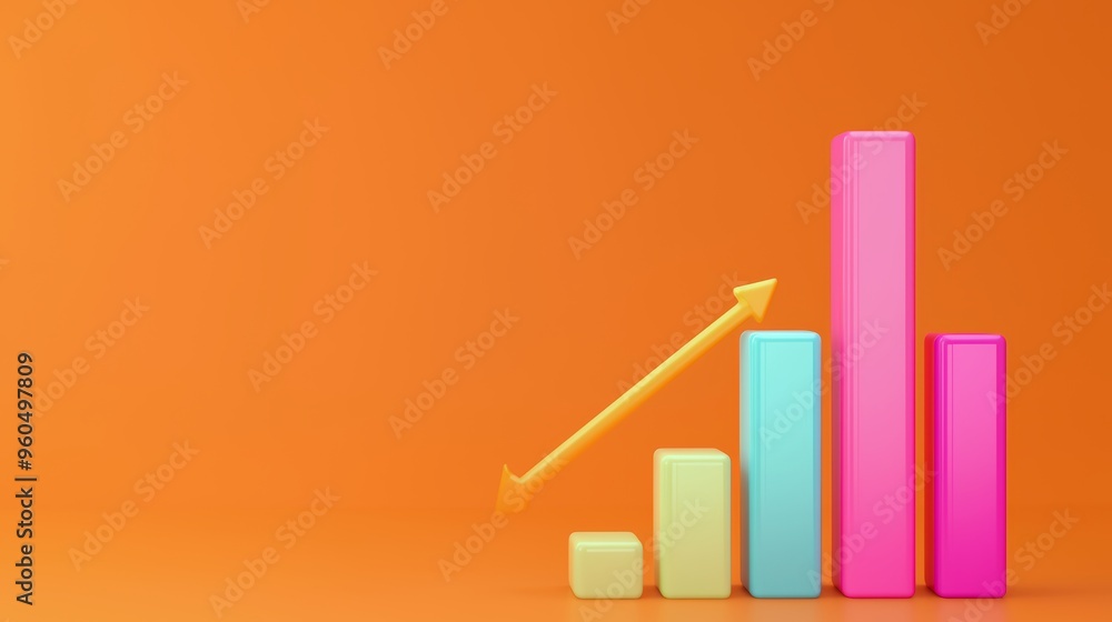 Vibrant bar graph showing upward trend, colorful analytics on orange background, 3D illustration Vibrant bar graph showing upward trend, colorful analytics on orange background, 3D illustration
