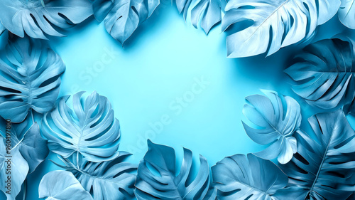 Blue tropical leaves and foliage on blue background with copy space.