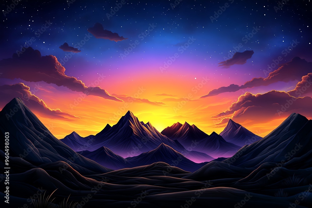 Sunset sky over a mountain range is depicted in a detailed illustration of rugged peaks silhouetted against a sky filled with rich orange and purple tones Sunset sky over a mountain range is depicted in a detailed illustration of rugged peaks silhouetted against a sky filled with rich orange and purple tones