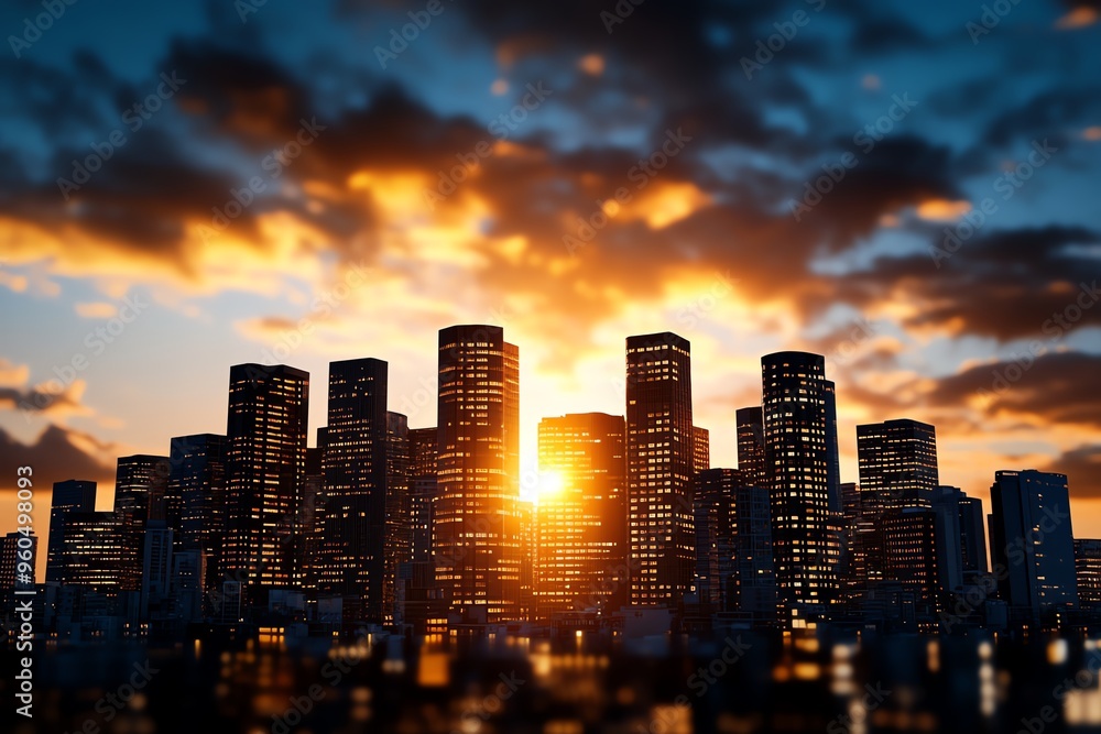 Obraz premium Sunset sky over cityscape is highlighted in a realistic photo of a bustling city silhouetted against the glowing sky, with golden hour light reflecting off glass buildings