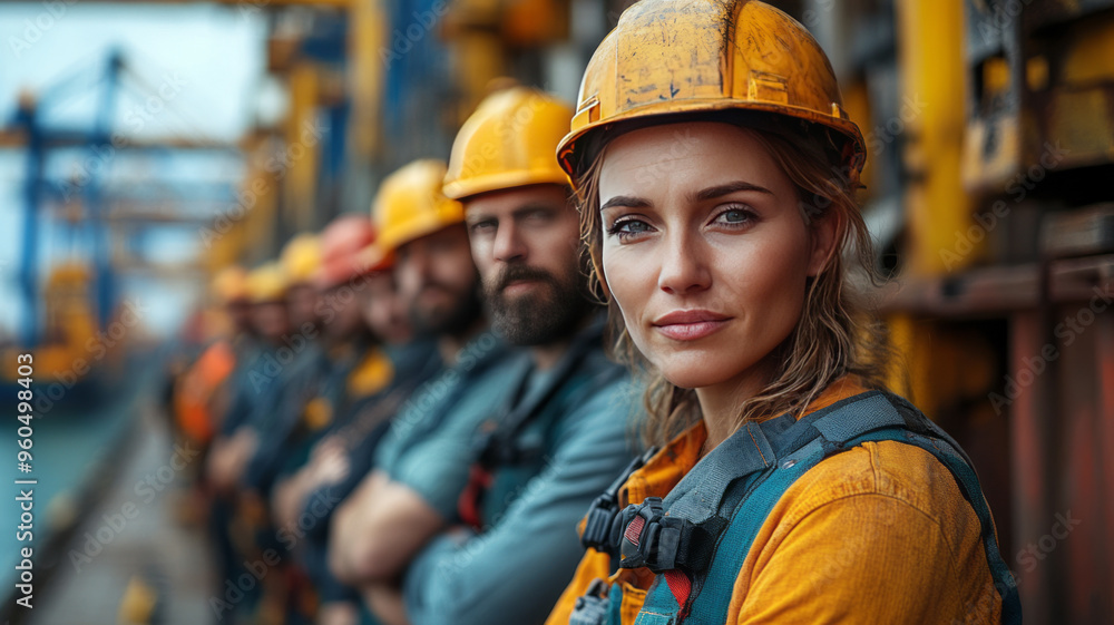 Photorealistic image, bustling port background, diverse group of maritime job candidates, foreground, confident expressions, modern shipping containers, cranes. Photorealistic image, bustling port background, diverse group of maritime job candidates, foreground, confident expressions, modern shipping containers, cranes.