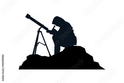 Person looking through telescope silhouette vector illustration