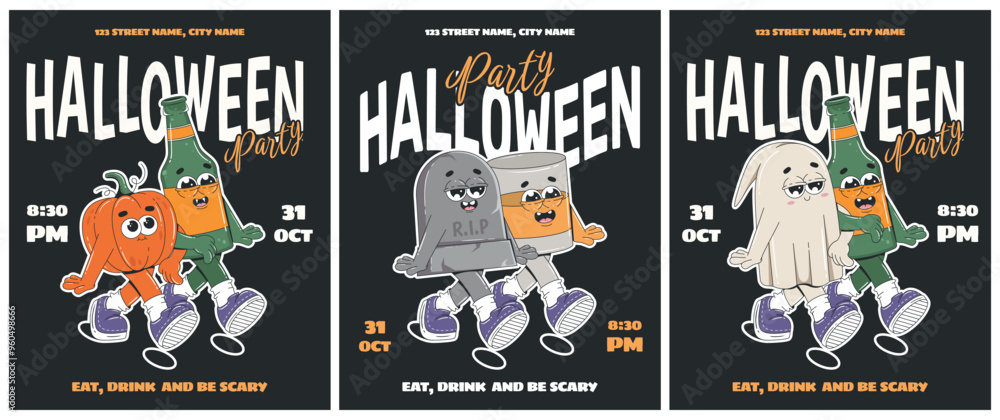 Fototapeta premium Halloween party flyer layout with retro groovy characters. Ghost, pumpkin, tombstone, beer bottle, glass of whisky. Vector set of Halloween party invitations.