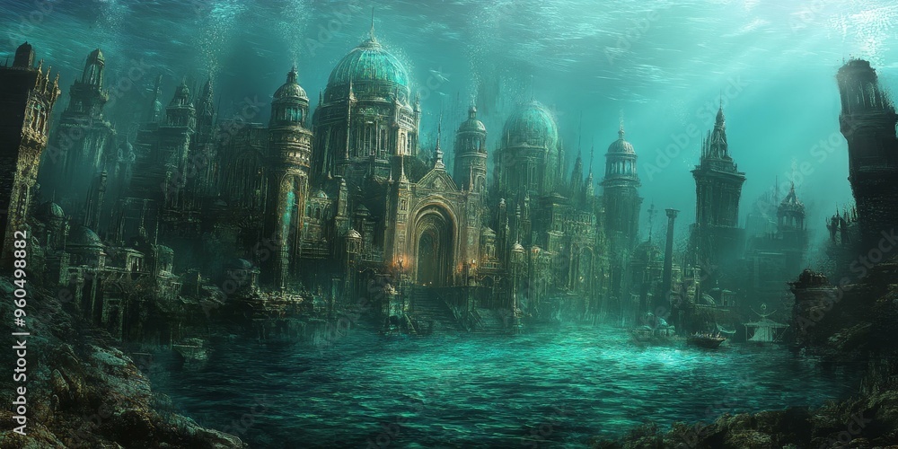 Obraz premium A submerged city with a boat passing through.