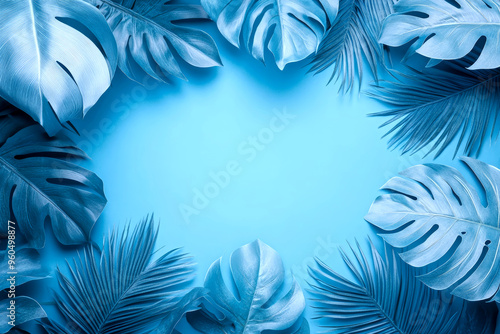 Blue tropical leaves and foliage on blue background with copy space.