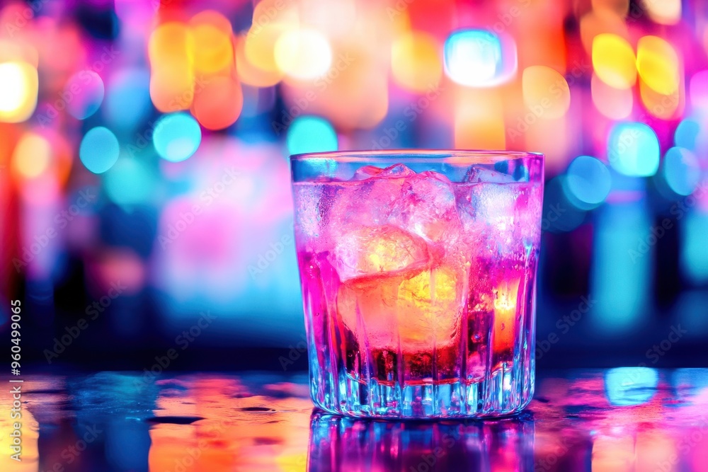 A refreshing drink filled with ice reflects the dazzling lights of a bustling bar, creating a lively atmosphere perfect for socializing and enjoyment A refreshing drink filled with ice reflects the dazzling lights of a bustling bar, creating a lively atmosphere perfect for socializing and enjoyment