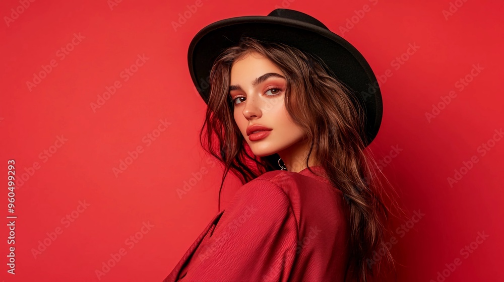 A confident young brunette female fashion model posing with stylish clothes against a vibrant red studio background A confident young brunette female fashion model posing with stylish clothes against a vibrant red studio background
