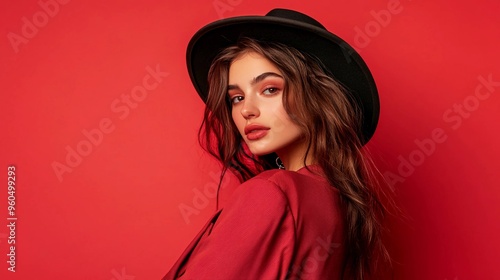 A confident young brunette female fashion model posing with stylish clothes against a vibrant red studio background