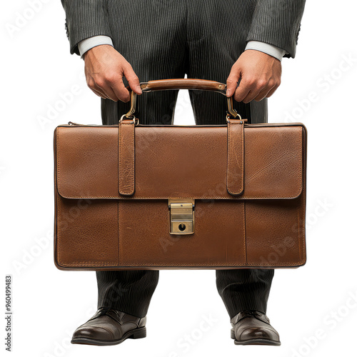 A businessman's leather briefcase, held firmly, embodies professionalism and readiness for the day's challenges.