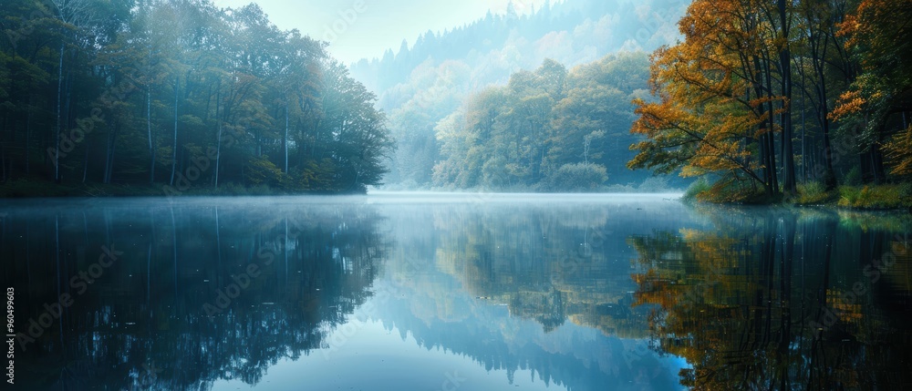 Serene Tranquility: Stunning Image of a Reflective Lake with Lush Tree Shadows Serene Tranquility: Stunning Image of a Reflective Lake with Lush Tree Shadows