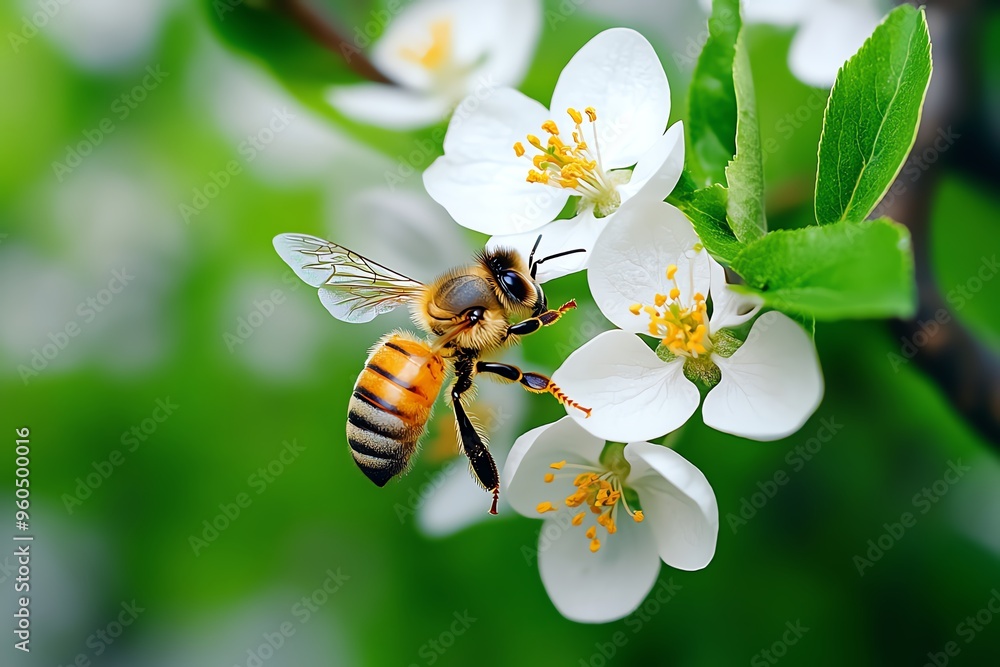 Bees and apple blossoms, spring renewal, future fruit symbolize the beginning of the fruiting season Bees and apple blossoms, spring renewal, future fruit symbolize the beginning of the fruiting season