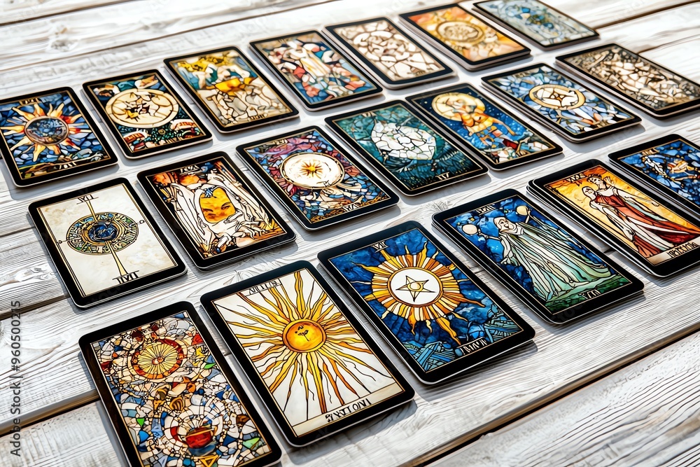 A colorful array of tarot cards displayed elegantly on a rustic wooden surface, showcasing intricate designs and symbolism. A colorful array of tarot cards displayed elegantly on a rustic wooden surface, showcasing intricate designs and symbolism.