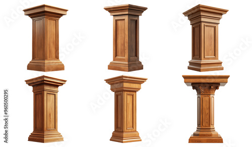 Wooden classical columns in different angles isolated on transparent background photo