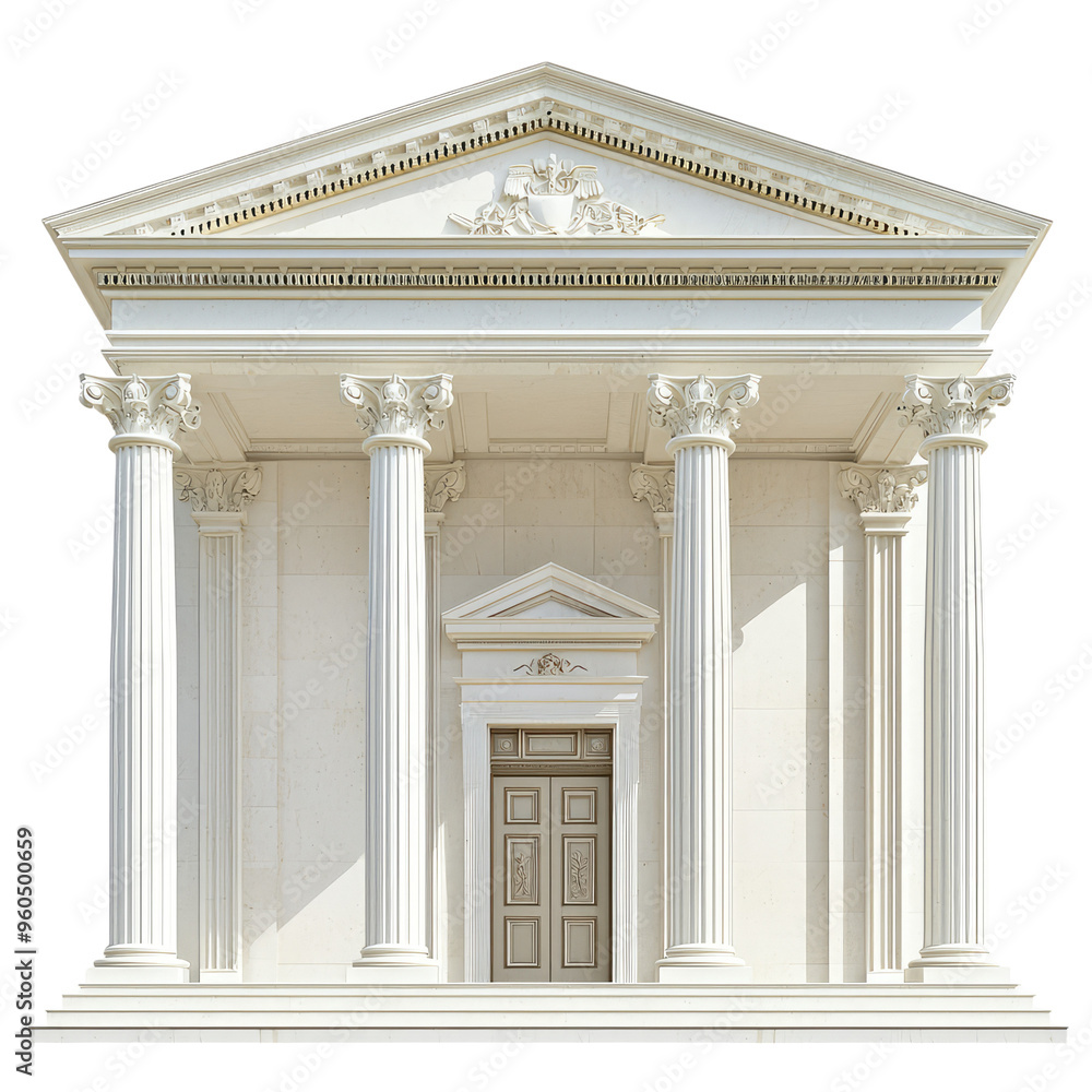 A Majestic Facade: White Marble Columns and an Ornate Doorway, a Symbol of Classical Grandeur. A Majestic Facade: White Marble Columns and an Ornate Doorway, a Symbol of Classical Grandeur.