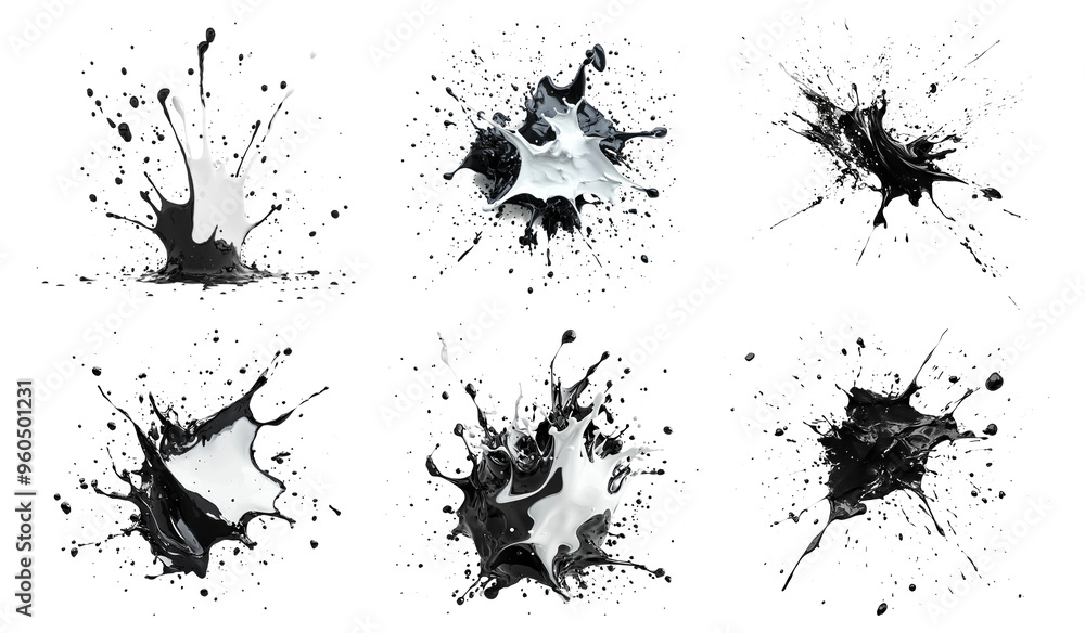 Black ink splatters in abstract patterns isolated on transparent background Black ink splatters in abstract patterns isolated on transparent background