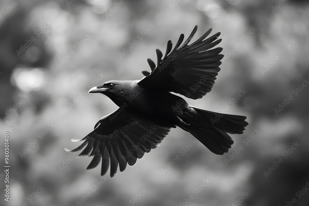 Fototapeta premium Beautiful black raven, crow in flight