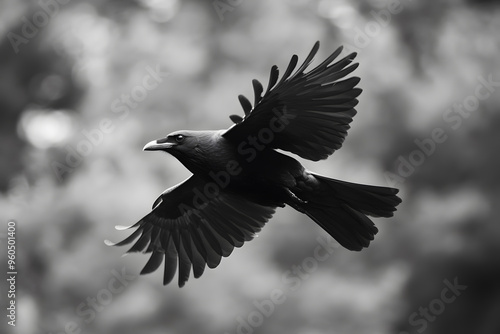 Beautiful black raven, crow in flight