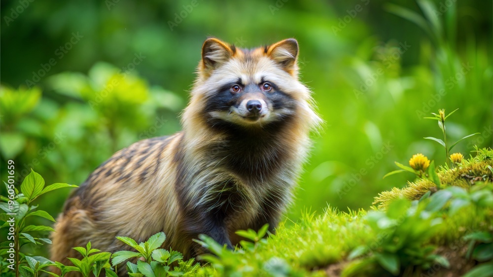 Fototapeta premium a raccoon dog with beautiful natural background