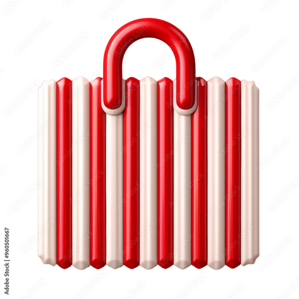 Obraz premium Red and white striped shopping bag with a handle. 3D illustration Clipart Element, Transparent Background.