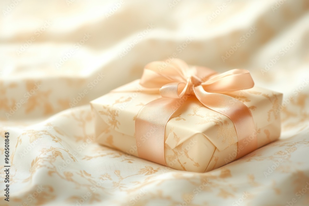 A carefully wrapped gift adorned with a soft ribbon rests on elegant fabric, inviting feelings of excitement and curiosity during a festive moment A carefully wrapped gift adorned with a soft ribbon rests on elegant fabric, inviting feelings of excitement and curiosity during a festive moment