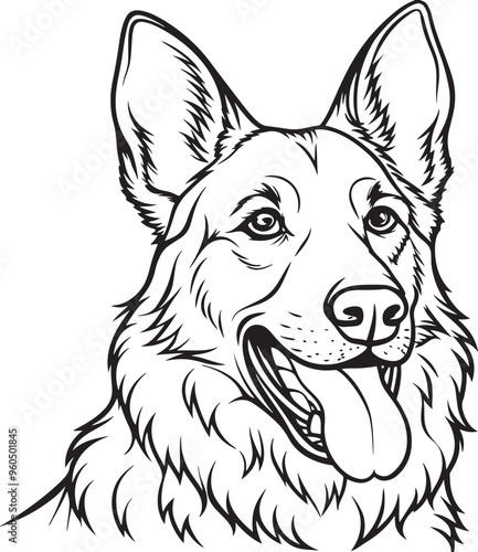 German Shepherd Drawing Black and White Illustration for Coloring Pages