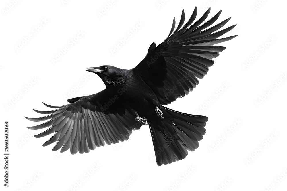 Fototapeta premium Beautiful black raven, crow in flight isolated on white background