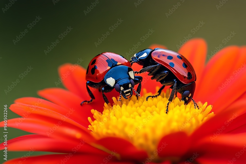 Obraz premium Beetles, on a flower petal, delicate balance find sustenance in the heart of a bloom