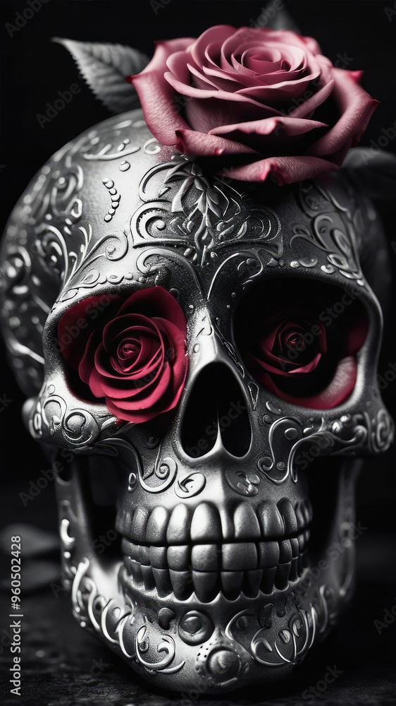 Naklejka premium Cute a black and white photo showing a sugar skull and a red rose, romantic fantasy.