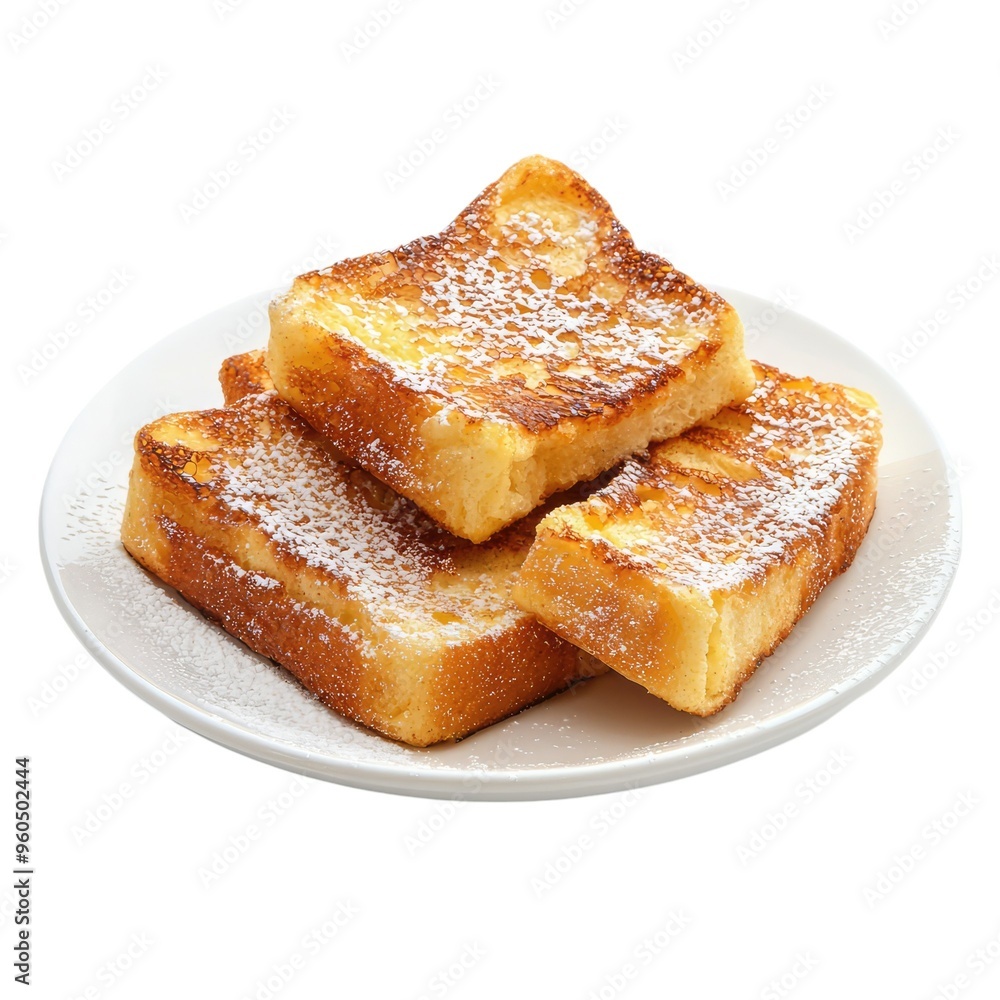 Golden French Toast, dusted with powdered sugar, sits invitingly on a white plate, a delightful breakfast treat. Golden French Toast, dusted with powdered sugar, sits invitingly on a white plate, a delightful breakfast treat.