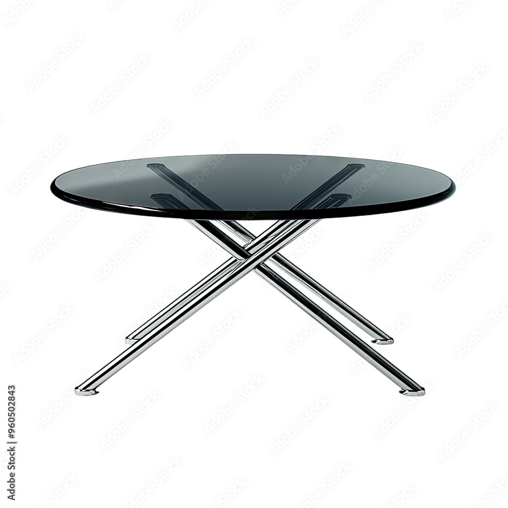 Sleek and Modern: A Glass Coffee Table with Sleek Metal Legs, Isolated Against a White Background. Sleek and Modern: A Glass Coffee Table with Sleek Metal Legs, Isolated Against a White Background.